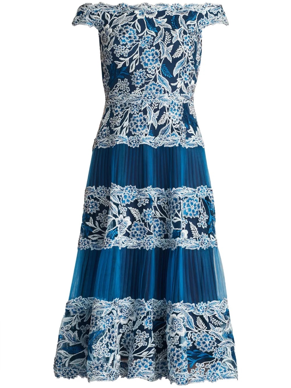 Tadashi Shoji Blue and White Klein Embroidered Tea-Length Dress Size 10 BNWT